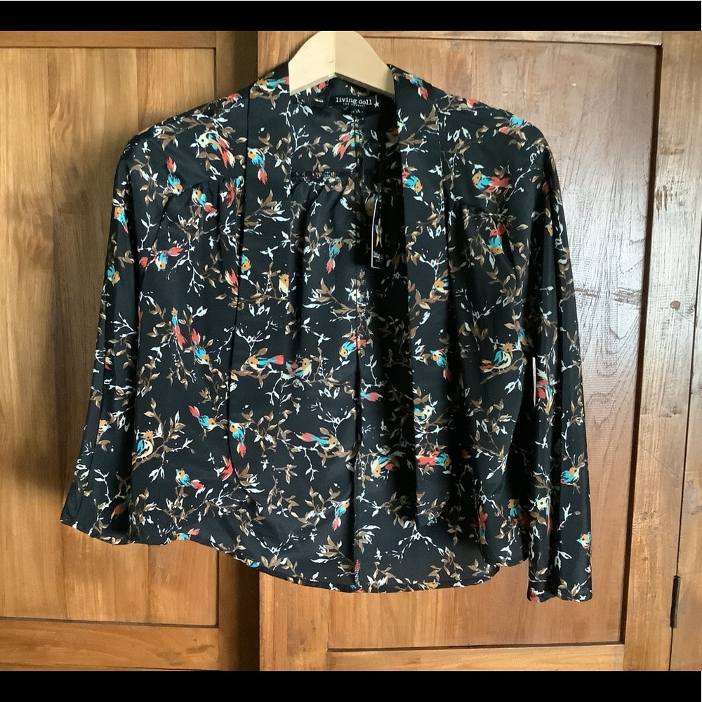 ❤️NWT Bird Print Living Doll Blazer Size XS Black Red Open Cardigan